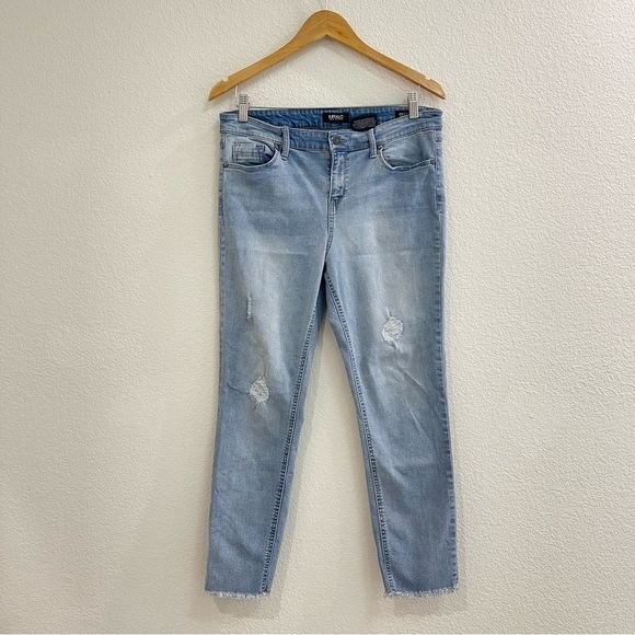 BUFFALO DAVID BITTON Rip & Repair Mid Rise Raw Hem Skinny Jeans in Light Blue - Picture 5 of 10